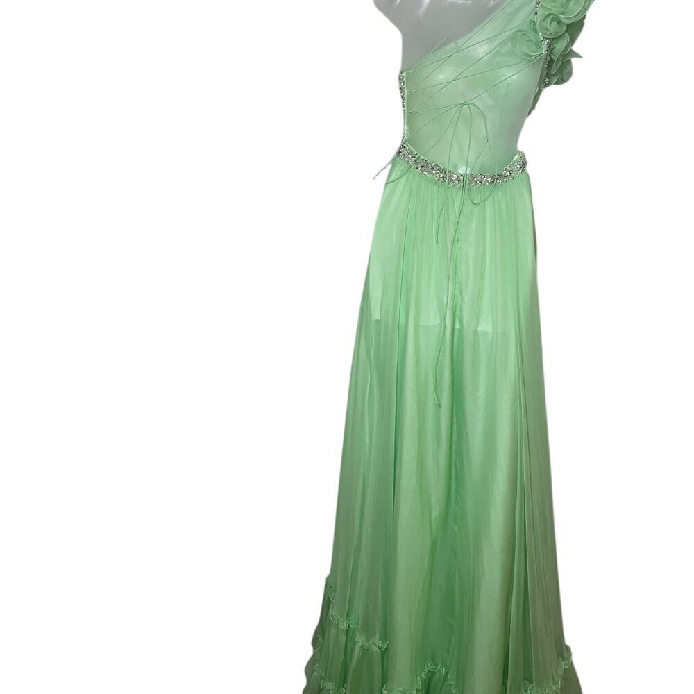 Seafoam Green One Shoulder Ruffle Maxi Gown Gem Bodice Size 2 - Picture 3 of 7